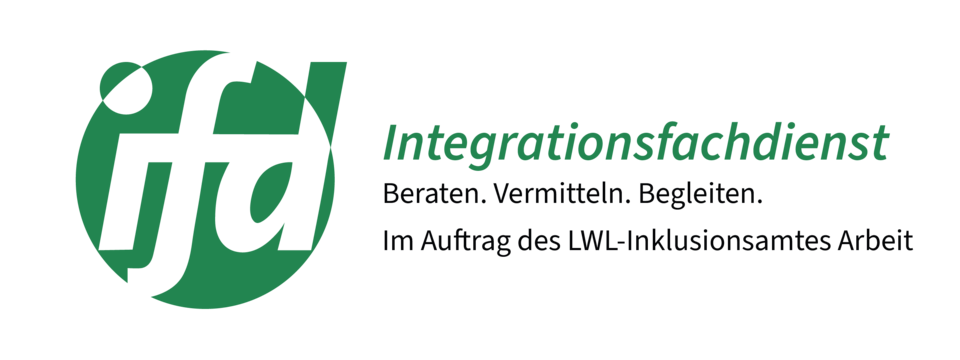 Das Grüne Logo des Integrationsfachdienstes mit dem Kürzel IFD und dem Untertitel "Beraten. Vermitteln. Begleiten. Im Auftrag des LWL-Inklusionsamtes Arbeit"